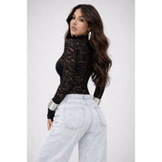 Body Feminino Renda Tule Transparente Dedeira Floral Manga Longa Blusa Flor