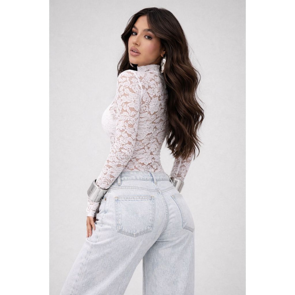 Body Feminino Renda Tule Transparente Dedeira Floral Manga Longa Blusa Flor
