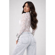Body Feminino Renda Tule Transparente Dedeira Floral Manga Longa Blusa Flor