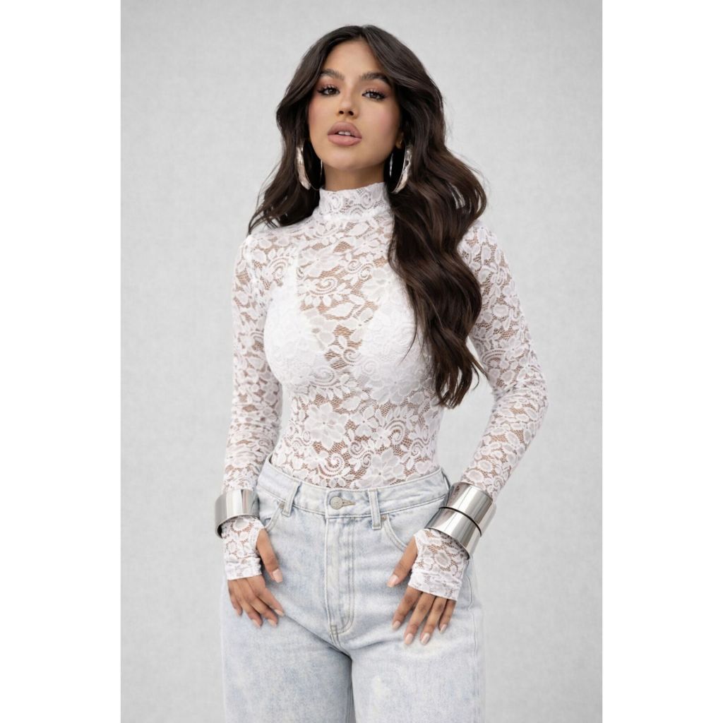 Body Feminino Renda Tule Transparente Dedeira Floral Manga Longa Blusa Flor