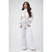 Body Feminino Renda Tule Transparente Dedeira Floral Manga Longa Blusa Flor
