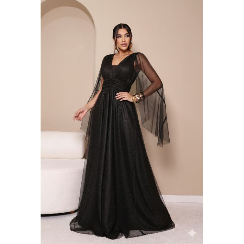 vestido de madrinha manga capa brilhoso decote V ideal para festas formandas