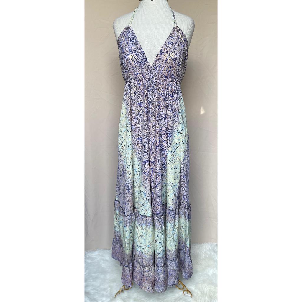 Vestido Longo Seda Indiana Frente Única Costa Nua- Estilo Boho Chic