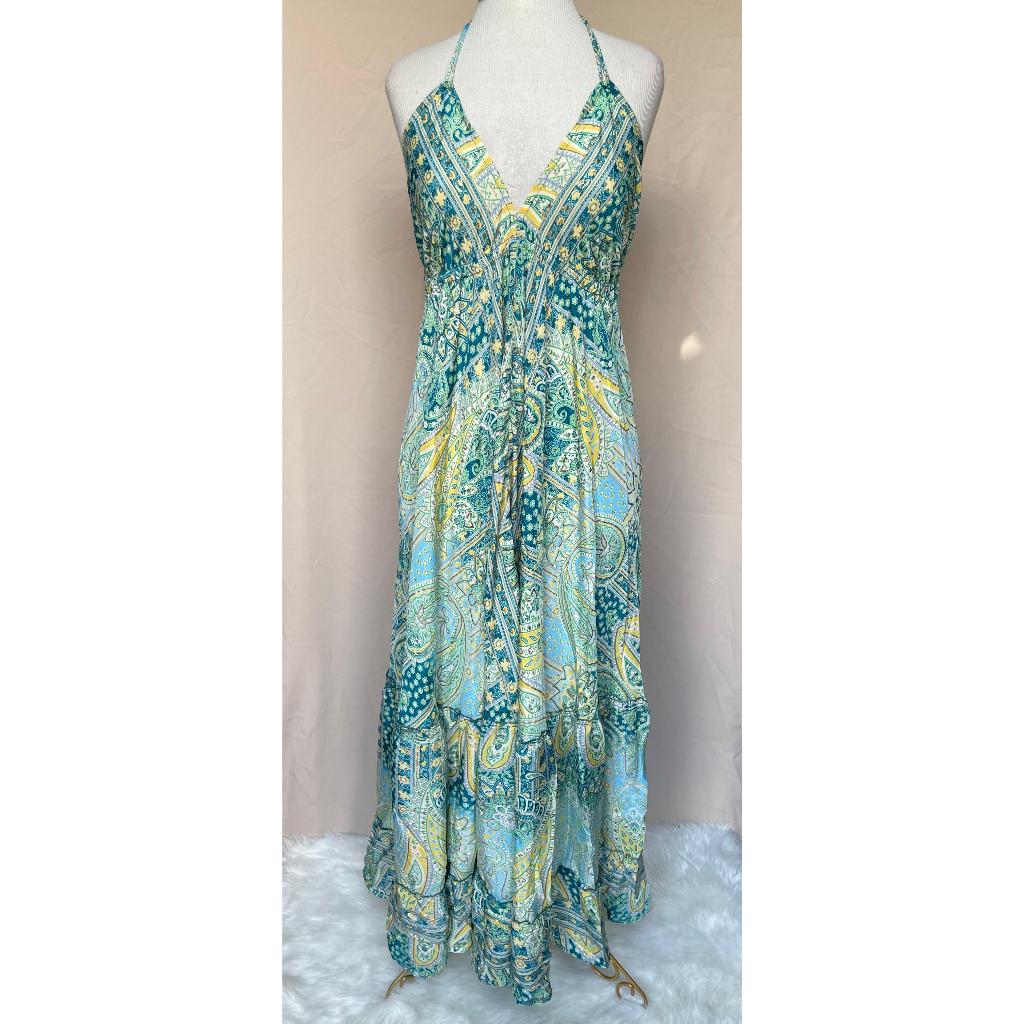 Vestido Longo Seda Indiana Frente Única Costa Nua- Estilo Boho Chic