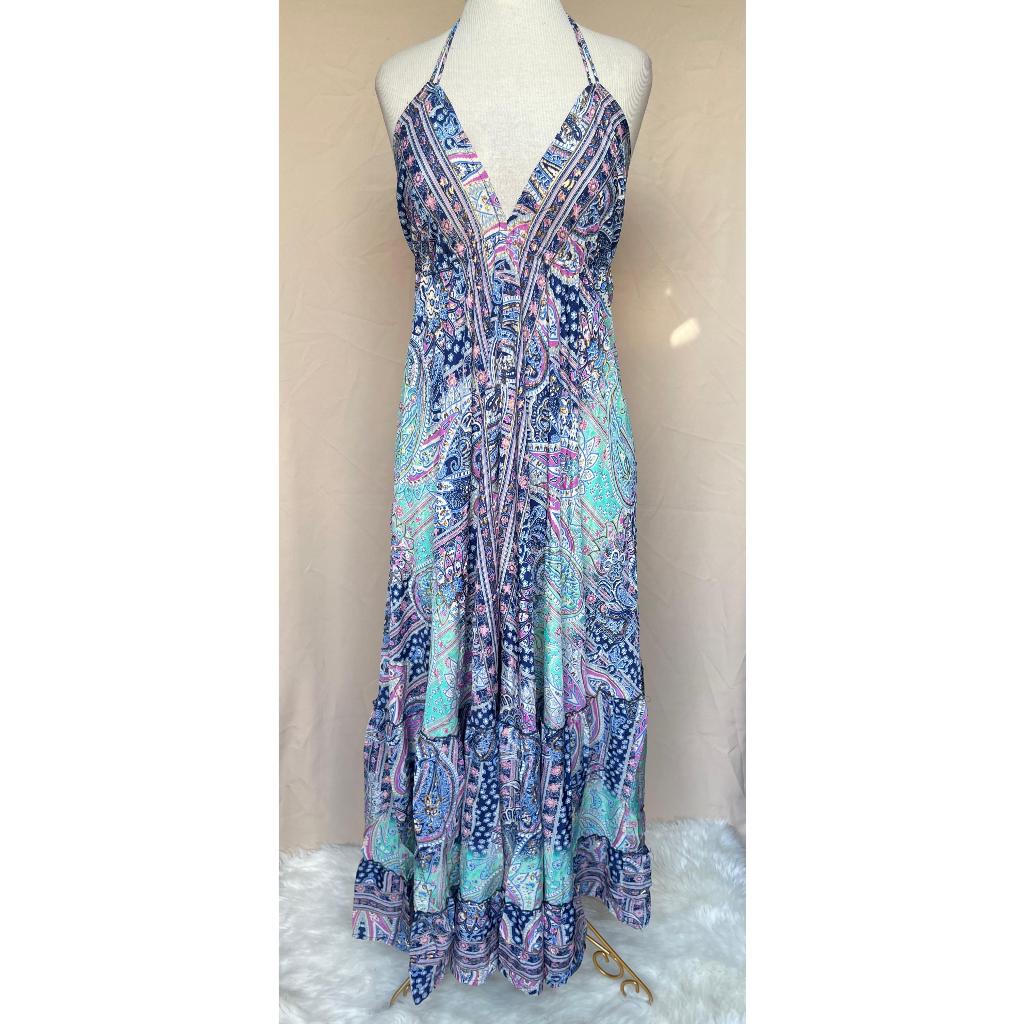 Vestido Longo Seda Indiana Frente Única Costa Nua- Estilo Boho Chic