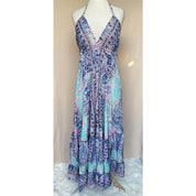 Vestido Longo Seda Indiana Frente Única Costa Nua- Estilo Boho Chic
