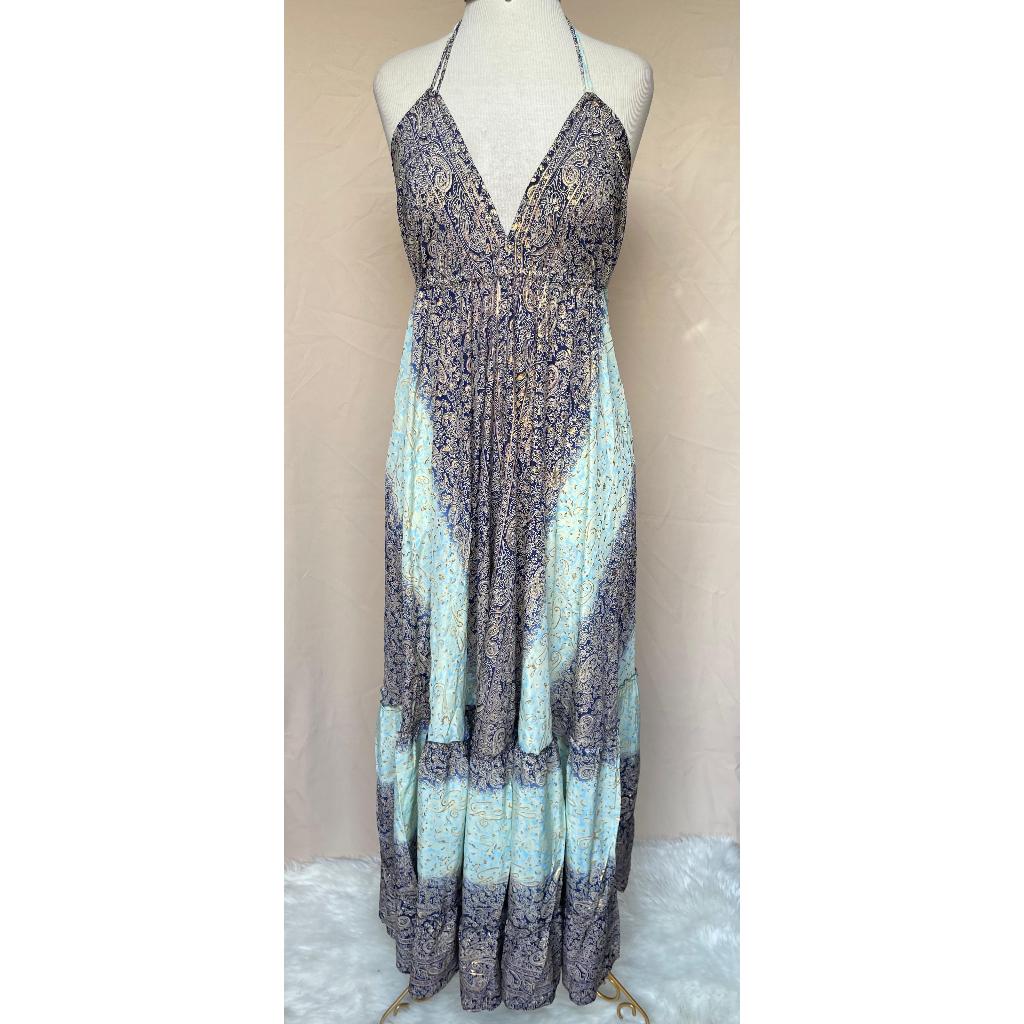 Vestido Longo Seda Indiana Frente Única Costa Nua- Estilo Boho Chic
