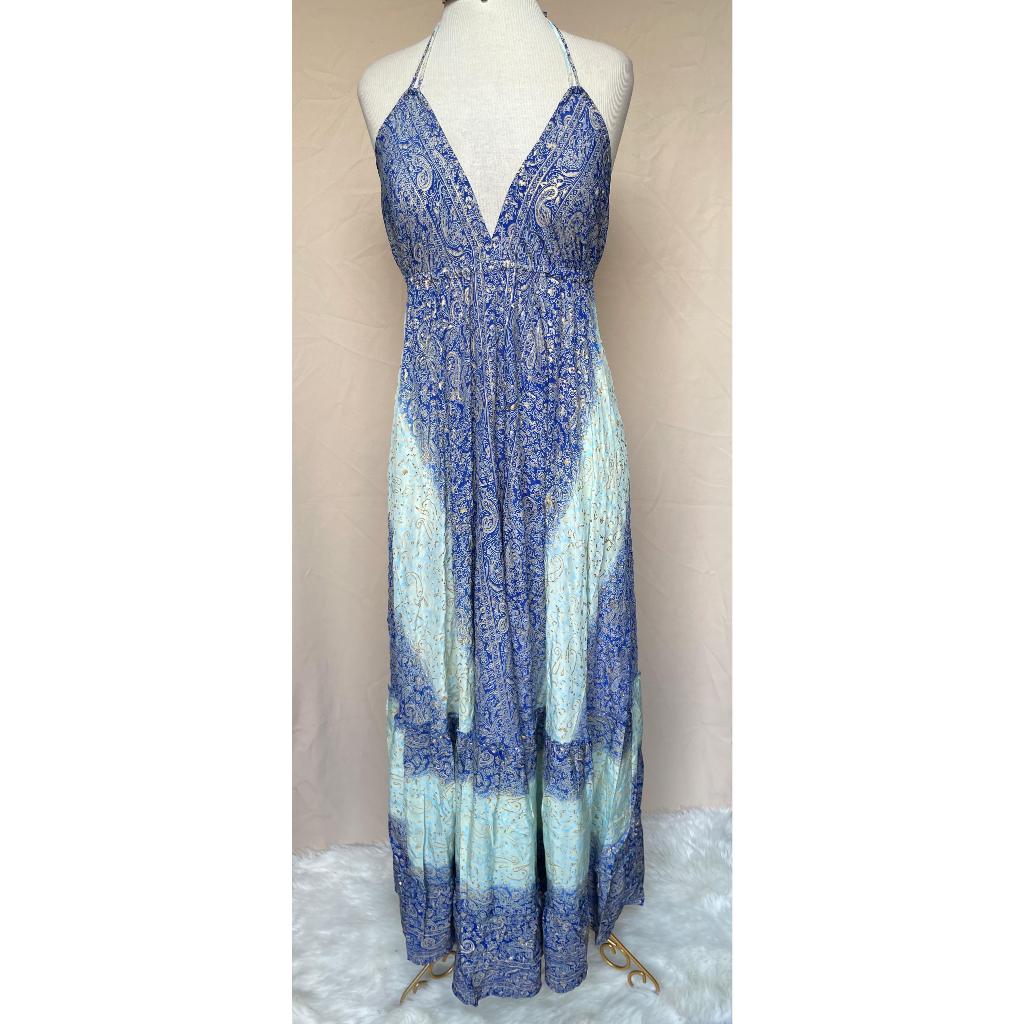 Vestido Longo Seda Indiana Frente Única Costa Nua- Estilo Boho Chic