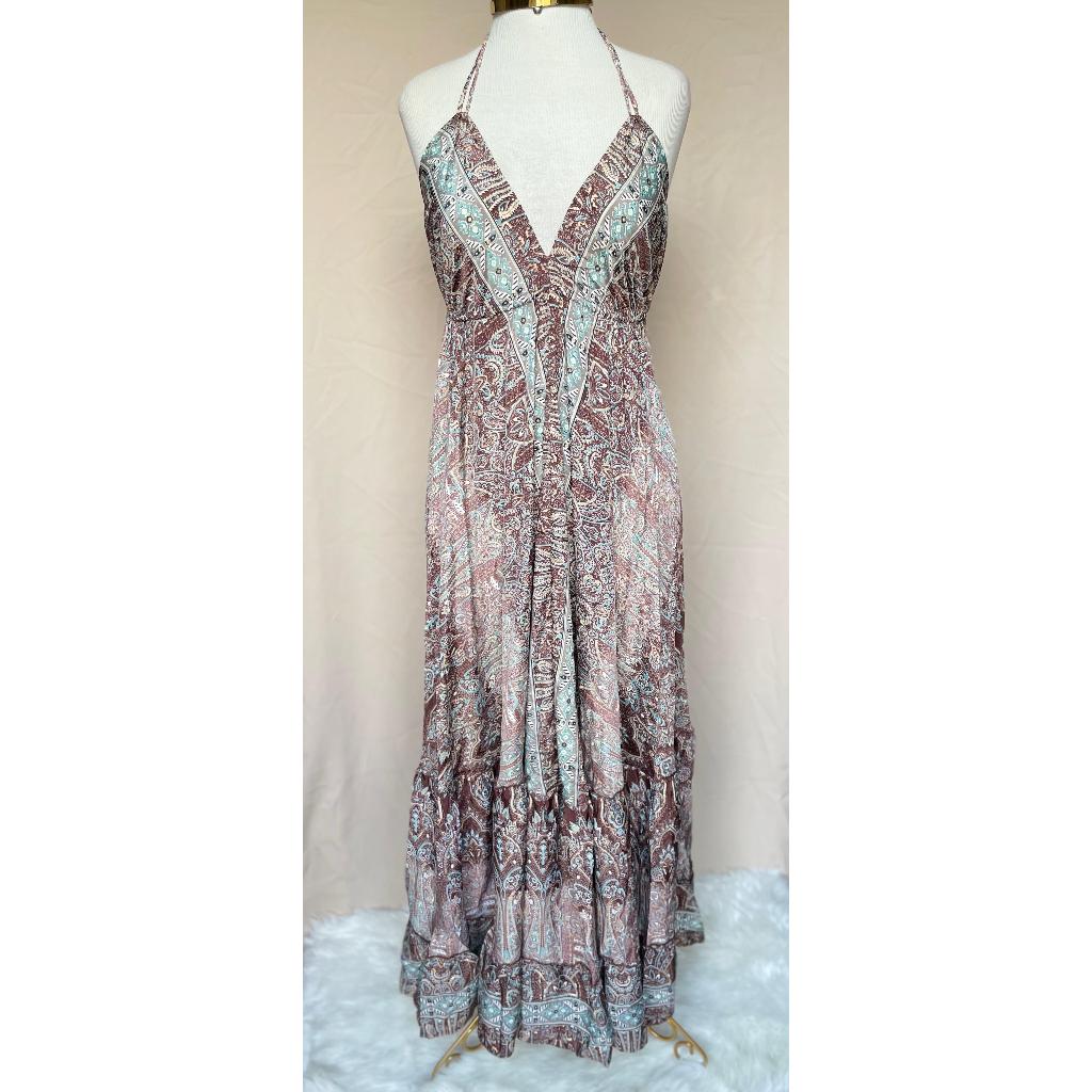 Vestido Longo Seda Indiana Frente Única Costa Nua- Estilo Boho Chic