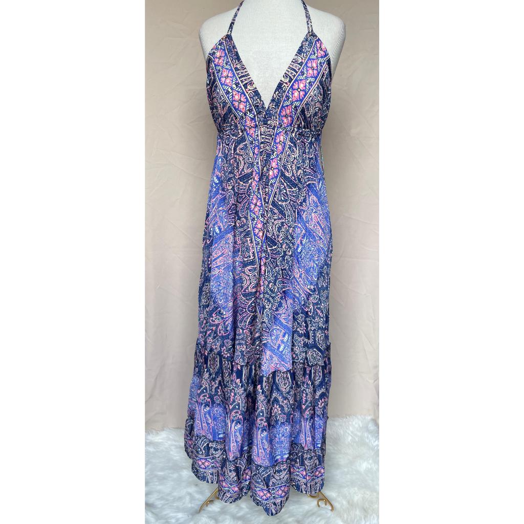 Vestido Longo Seda Indiana Frente Única Costa Nua- Estilo Boho Chic