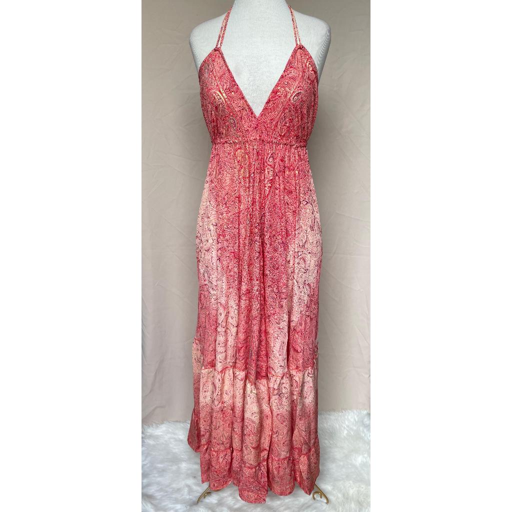 Vestido Longo Seda Indiana Frente Única Costa Nua- Estilo Boho Chic