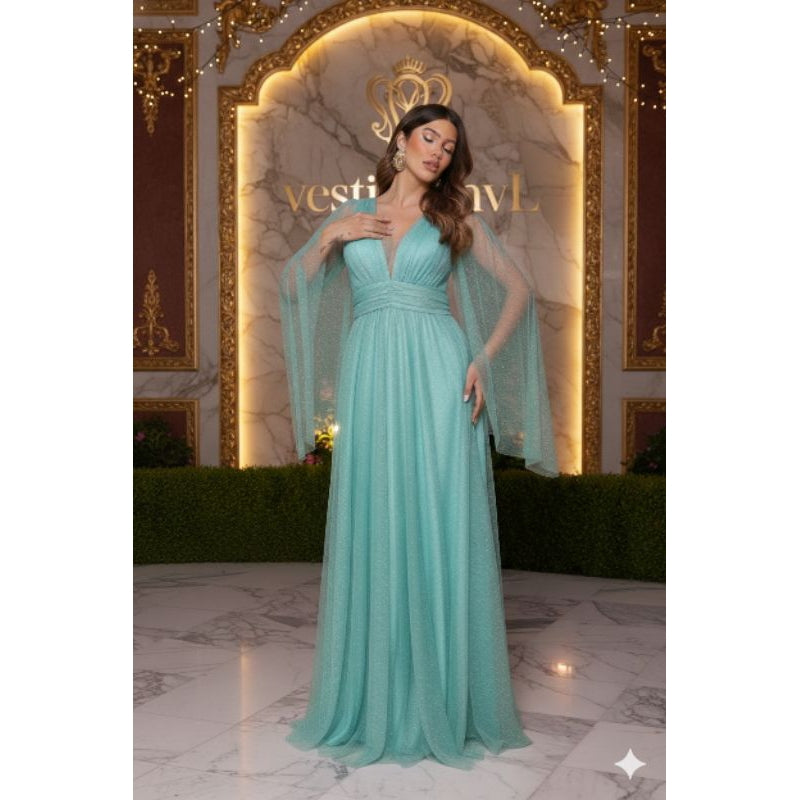 vestido de madrinha manga capa brilhoso decote V ideal para festas formandas