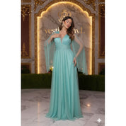 vestido de madrinha manga capa brilhoso decote V ideal para festas formandas