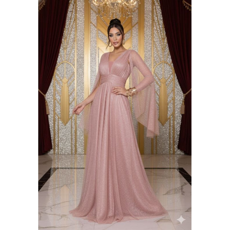vestido de madrinha manga capa brilhoso decote V ideal para festas formandas