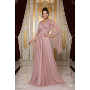 vestido de madrinha manga capa brilhoso decote V ideal para festas formandas