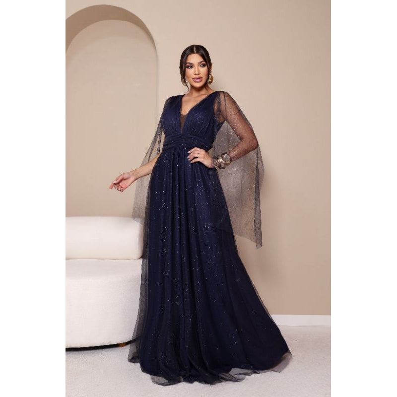 vestido de madrinha manga capa brilhoso decote V ideal para festas formandas