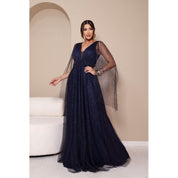 vestido de madrinha manga capa brilhoso decote V ideal para festas formandas