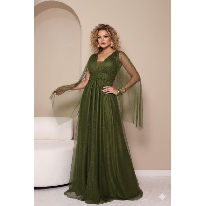 vestido de madrinha manga capa brilhoso decote V ideal para festas formandas