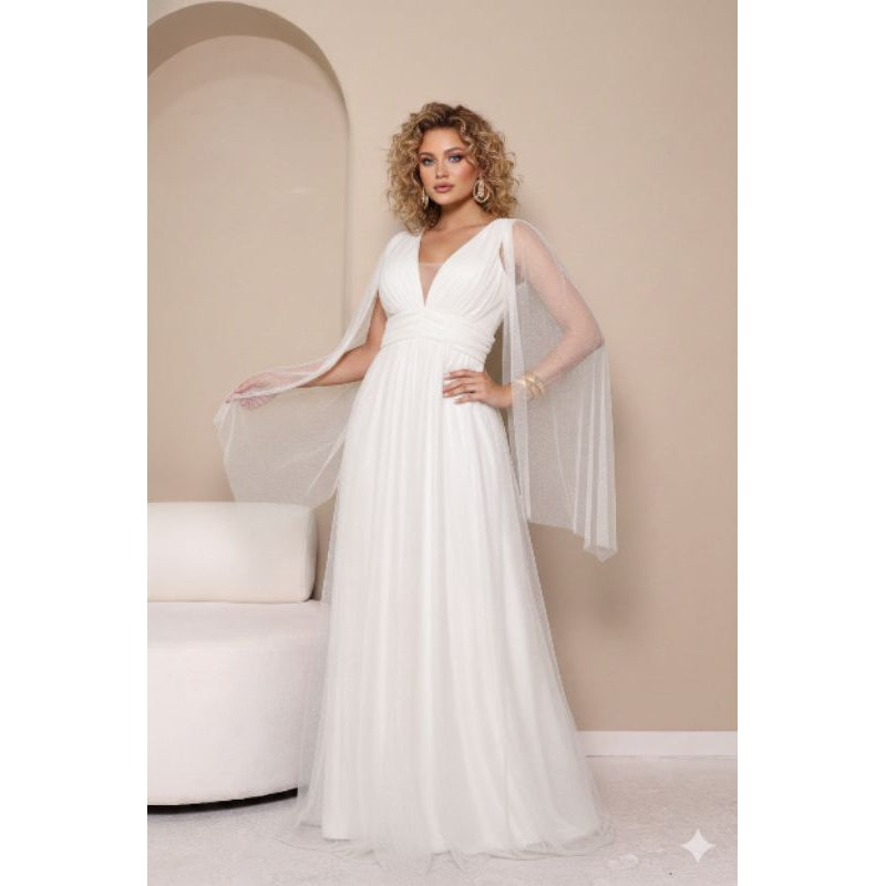 vestido de madrinha manga capa brilhoso decote V ideal para festas formandas