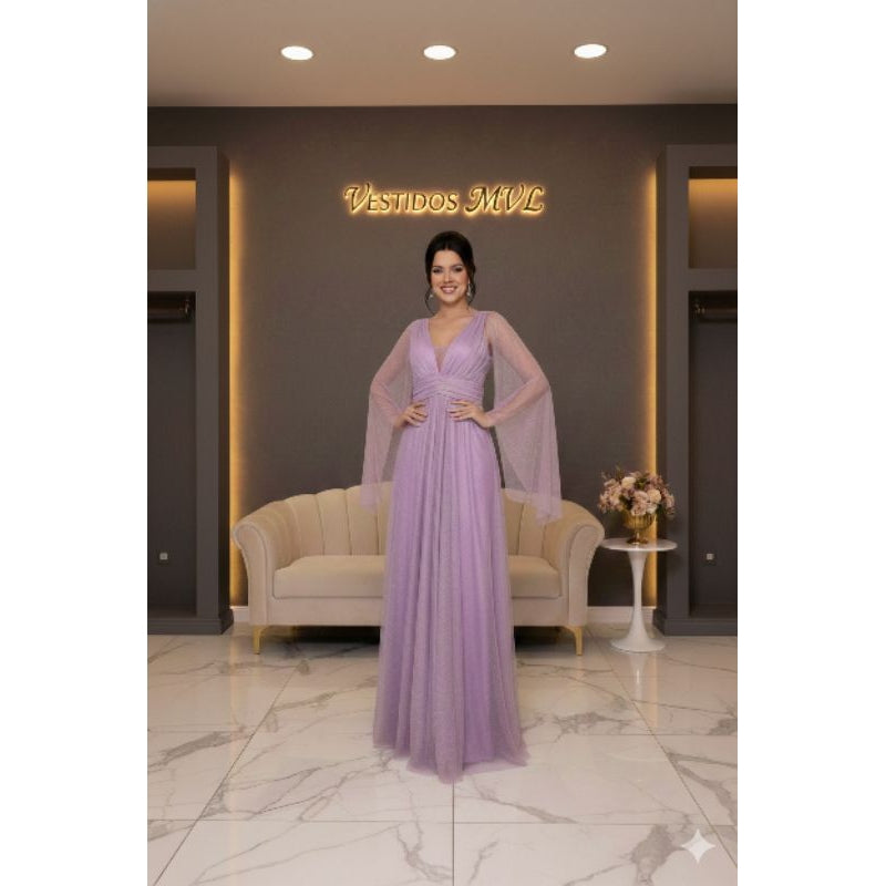 vestido de madrinha manga capa brilhoso decote V ideal para festas formandas
