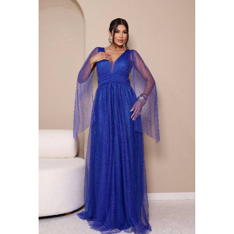 vestido de madrinha manga capa brilhoso decote V ideal para festas formandas