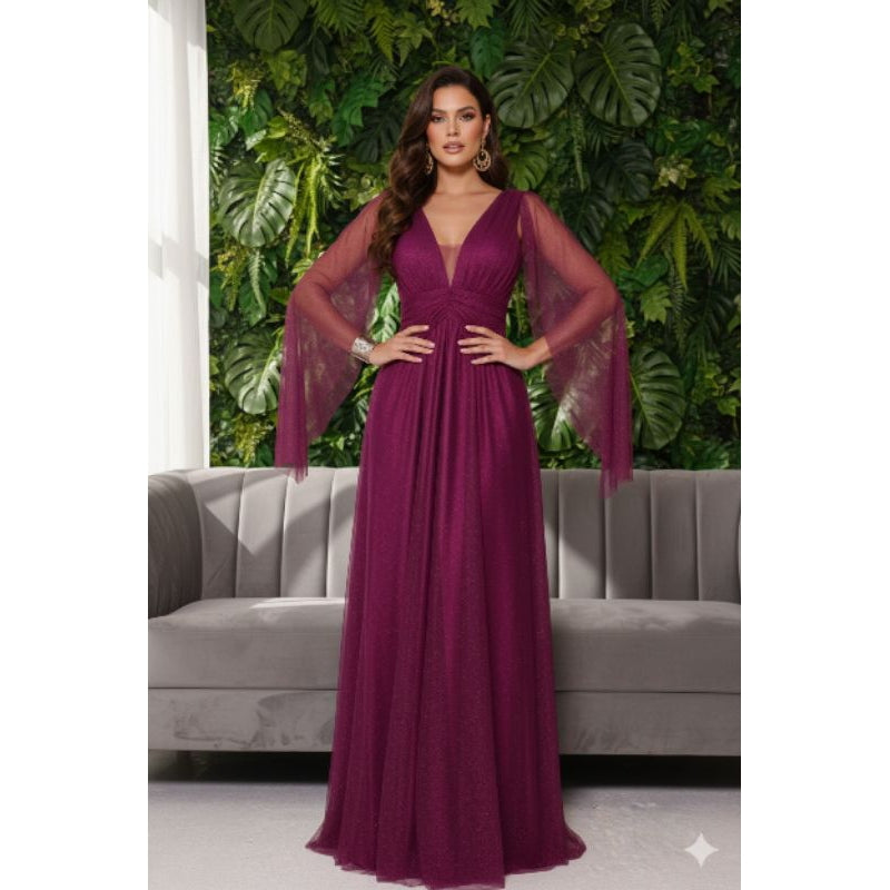 vestido de madrinha manga capa brilhoso decote V ideal para festas formandas