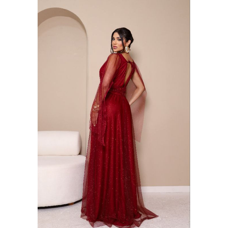 vestido de madrinha manga capa brilhoso decote V ideal para festas formandas