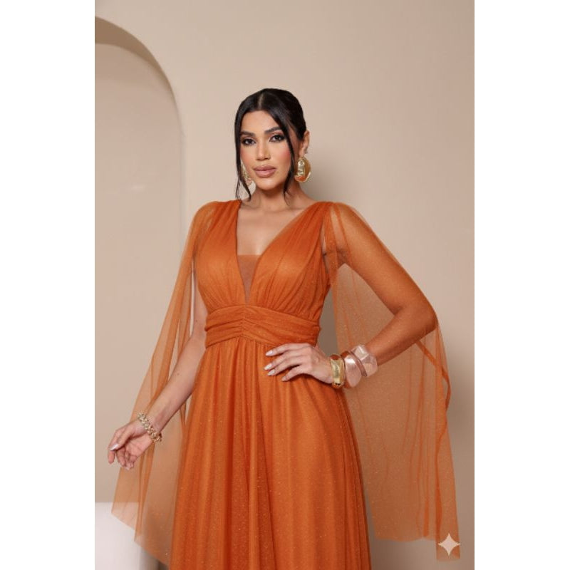 vestido de madrinha manga capa brilhoso decote V ideal para festas formandas