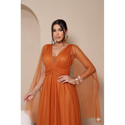 vestido de madrinha manga capa brilhoso decote V ideal para festas formandas