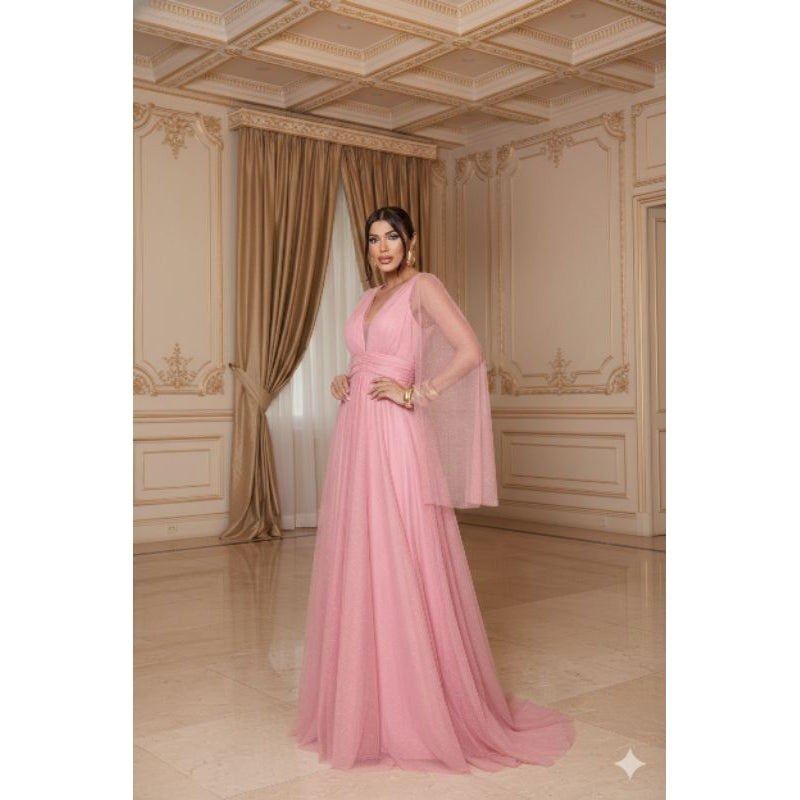 vestido de madrinha manga capa brilhoso decote V ideal para festas formandas
