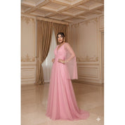 vestido de madrinha manga capa brilhoso decote V ideal para festas formandas