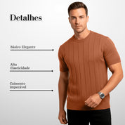 Camisa Masculina Gola Redonda Canelado Manga Curta Tricot Premium Básico Blusa Casual Camiseta