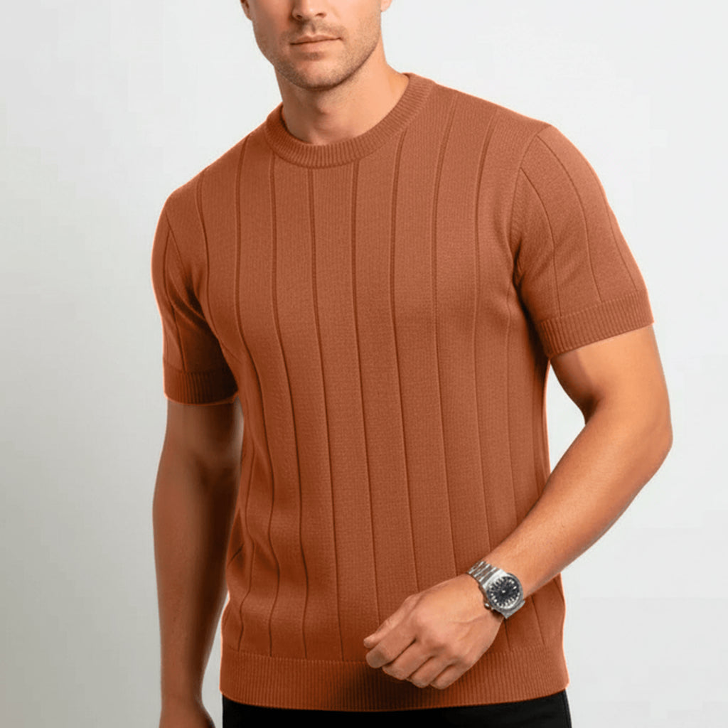Camisa Masculina Gola Redonda Canelado Manga Curta Tricot Premium Básico Blusa Casual Camiseta