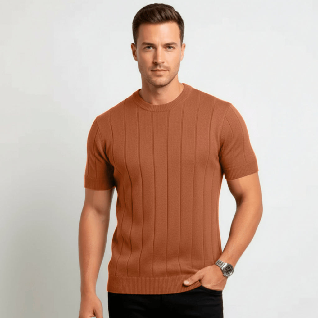Camisa Masculina Gola Redonda Canelado Manga Curta Tricot Premium Básico Blusa Casual Camiseta
