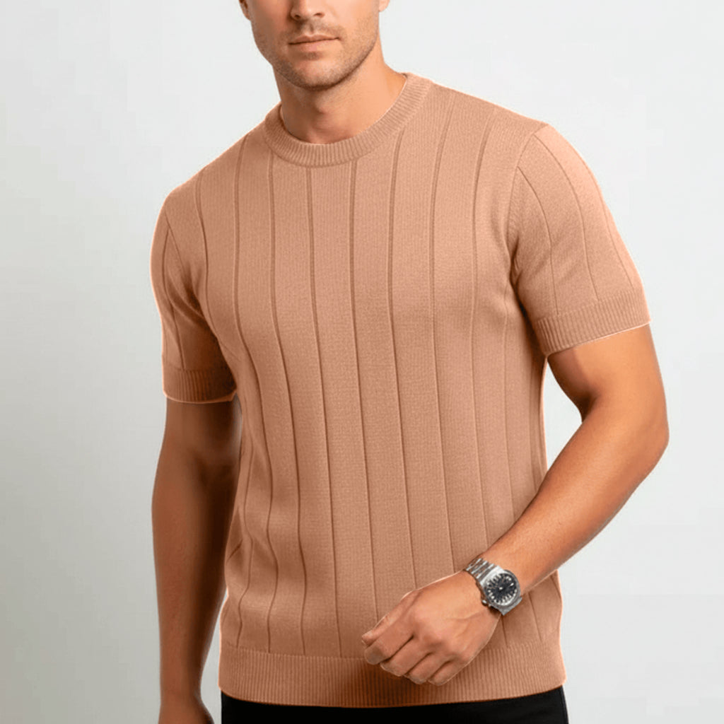 Camisa Masculina Gola Redonda Canelado Manga Curta Tricot Premium Básico Blusa Casual Camiseta