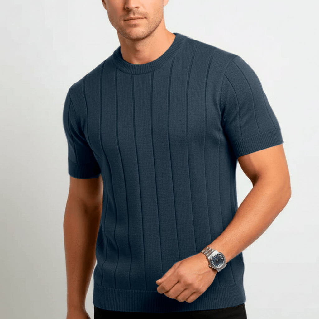 Camisa Masculina Gola Redonda Canelado Manga Curta Tricot Premium Básico Blusa Casual Camiseta