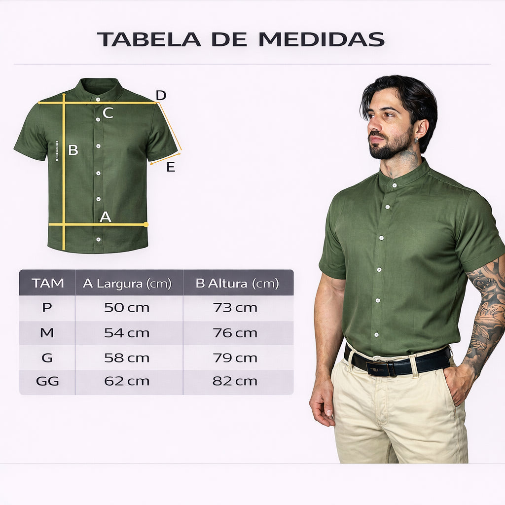 Camisa Social Masculina Manga Curta Gola Padre Aspecto de Linho - Cores Variadas - Confortável