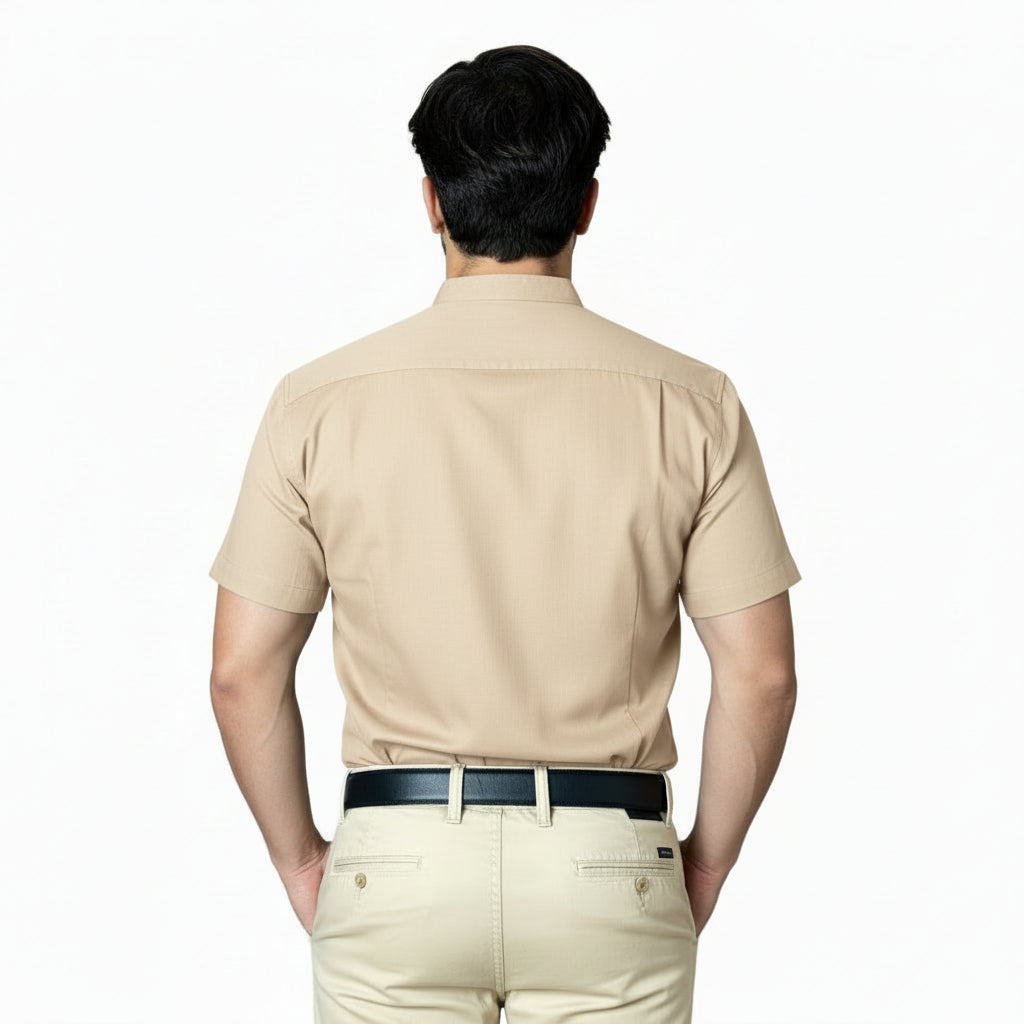 Camisa Social Masculina Gola Padre Manga Curta Aspecto Linho