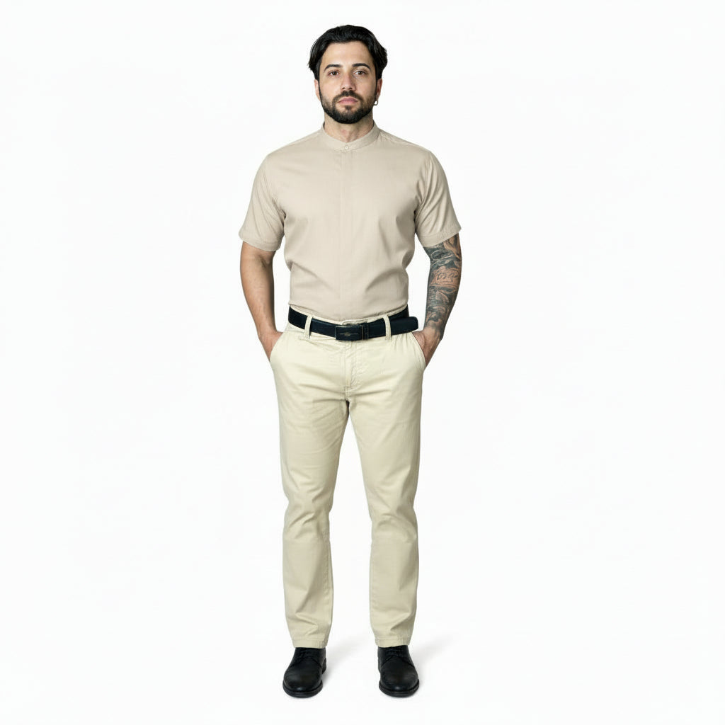 Camisa Social Masculina Gola Padre Manga Curta Aspecto Linho