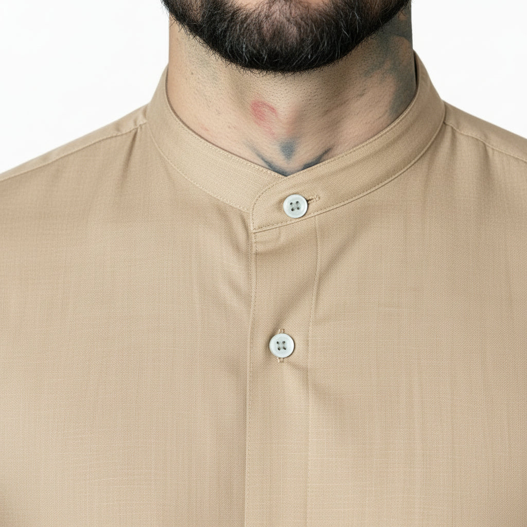 Camisa Social Masculina Gola Padre Manga Curta Aspecto Linho