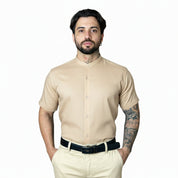 Camisa Social Masculina Gola Padre Manga Curta Aspecto Linho