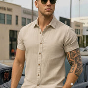 Camisa Linho Masculina Social Gola Italiana Casual Luxo Premium Manga Curta