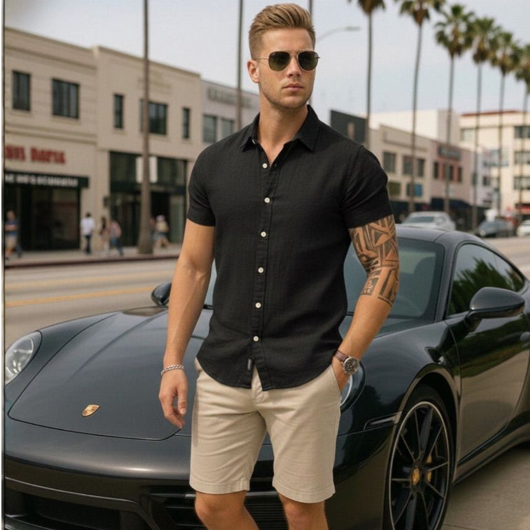 Camisa Linho Masculina Social Gola Italiana Casual Luxo Premium Manga Curta