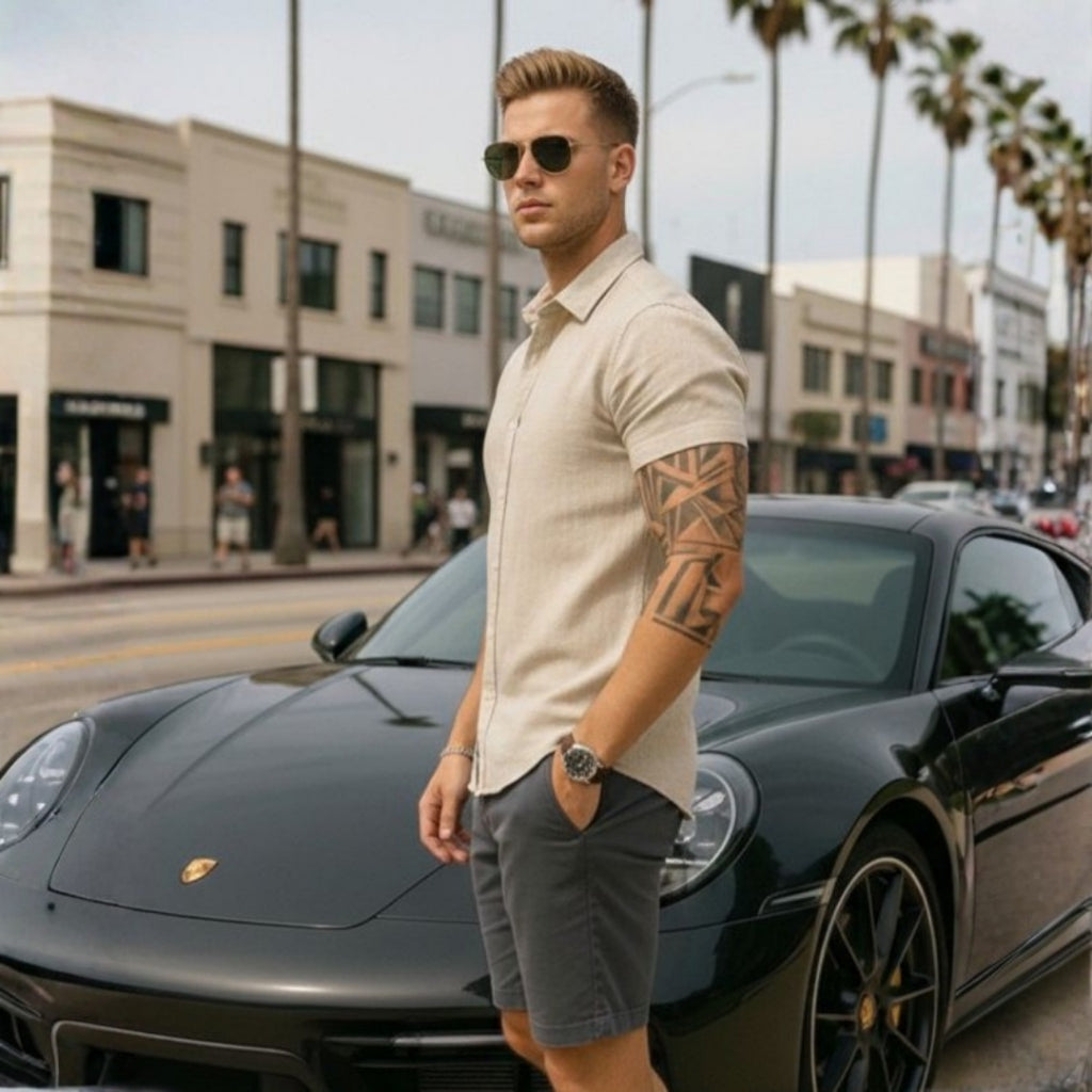 Camisa Linho Masculina Social Gola Italiana Casual Luxo Premium Manga Curta