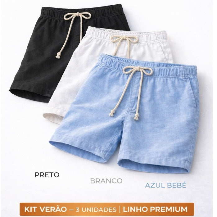 Short Linho Masculino Premium Estilo Mauricinho Moda Praia Verão - Cordão Ajustável Luxo