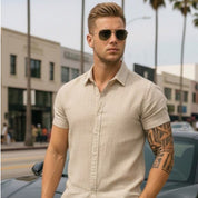 Camisa Linho Masculina Social Gola Italiana Casual Luxo Premium Manga Curta