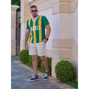 Camiseta Masculina Tricot Brasil Tecido Vazado Decote V Malhado Look Brasil Copa