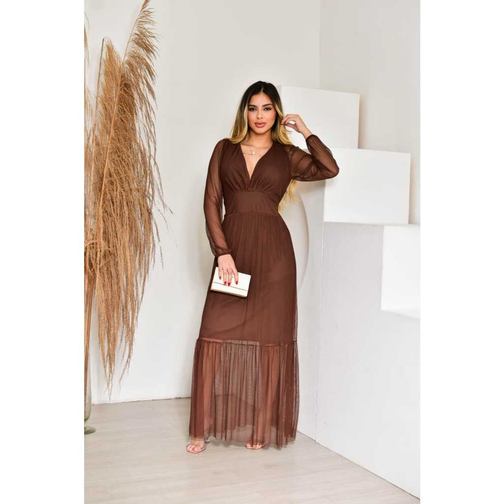 Vestido longo Feminino de tule manga longa de festa, casamento com bojo todo forrado