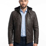 Jaqueta Couro Motoqueiro Forrada Pelo Capuz Removível Inverno Zíper Reforçado Masculina Premium Confortável Elegante