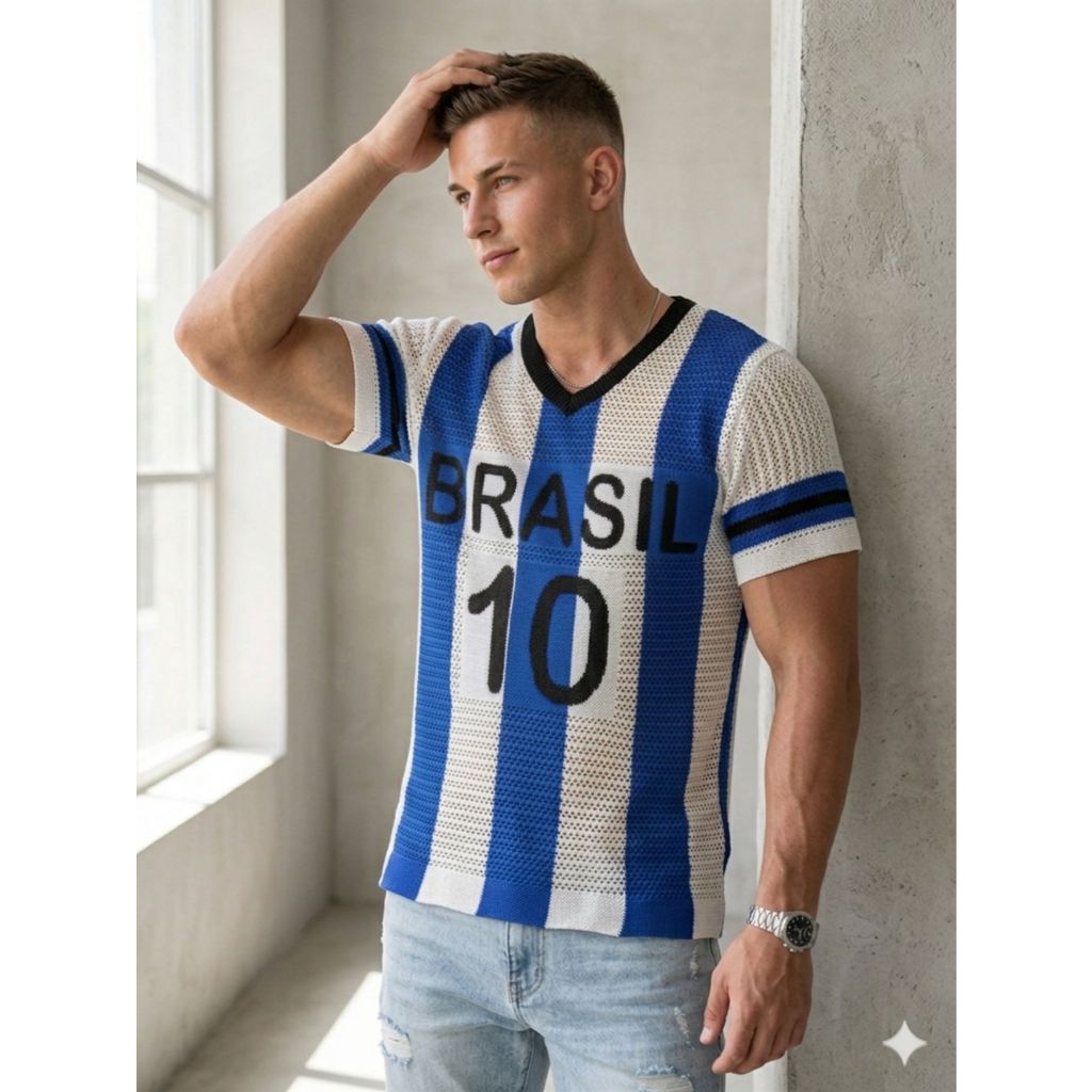 Camiseta do Brasil copa 2026 Masculina em Tricot furadinha Premium – Edição Especial Brasil evolution crewneck